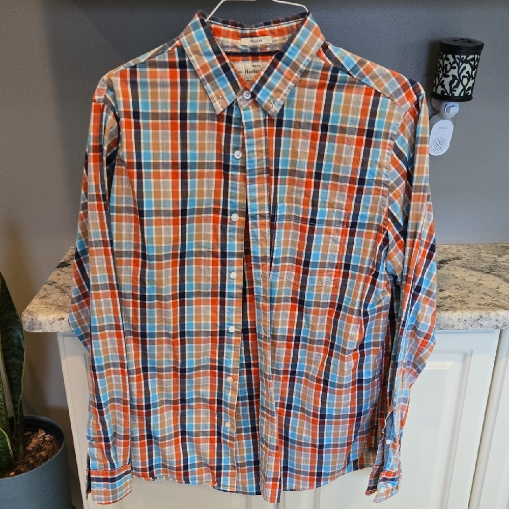 Hawker Rye Men's Plaid Button-Down Shirt - Orange & Blue Large 97% Cotton